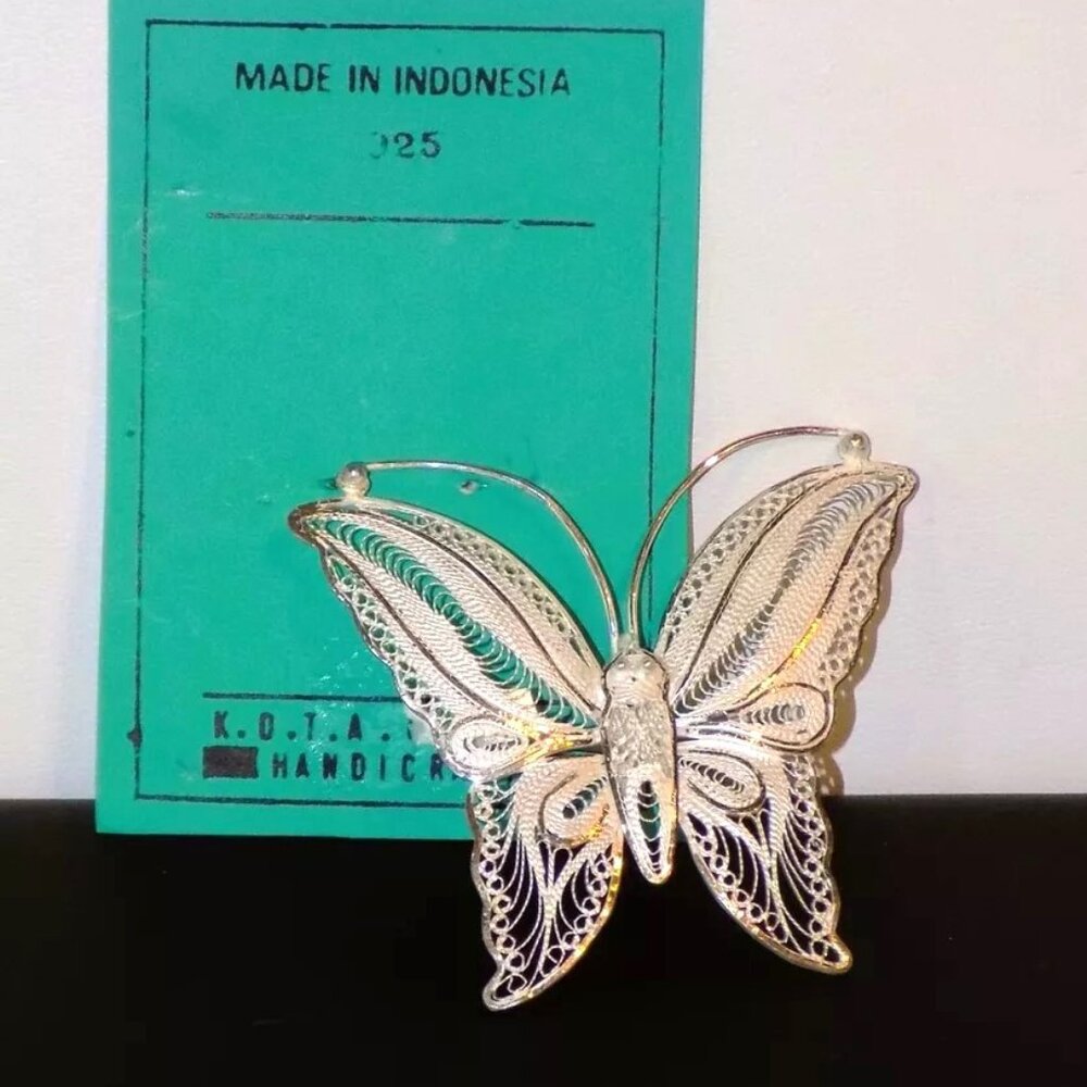 Vintage NOC Kotagede Sterling Silver Handmade Filigree Butterfly Brooch 925